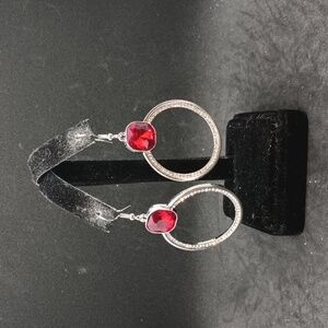 Silver tone white red rhinestone dangle earrings